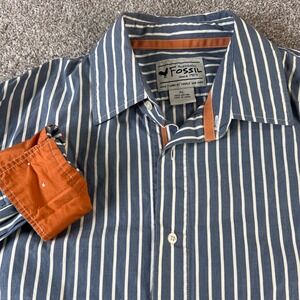 Fossil Striped Button Down Shirt Orange Cuff Detail Long Sleeve Preppy Casual XL